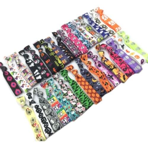 Halloween Hair Tie Pumpkin Bat Skull Ghost Print Ponytail Holder Red Deer FOE Elastic Hair Band 100 pcs/lot assorted colors