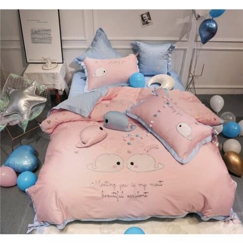 Pink Lovely Blue 80S Egyptian cotton Embroidered Bedding sets Queen King Princess Duvet cover Bed sheet set Pillowcases 4/6pcs