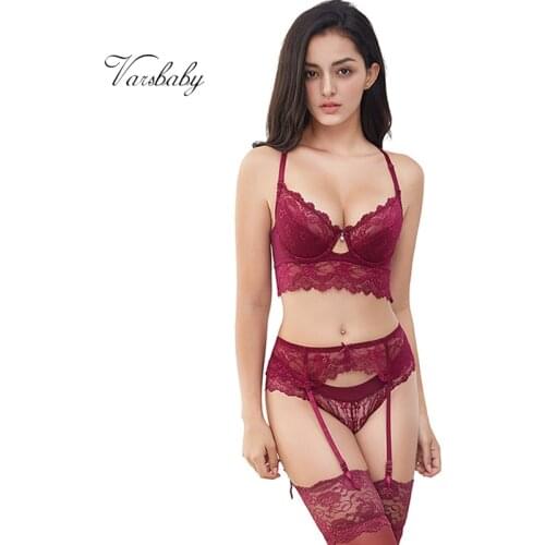 Varsbaby sexy lace push up lingerie set bra+panty+garter+stockings+Y-line straps 5pcs for women