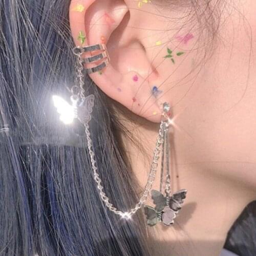 Starose 1pc Trendy Butterfly Long Tassel Earrings for Women Crystal Stud Leaf Fake Piercing Helix Piercing Ear Cuff Earring Clip