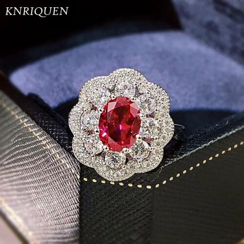 Vintage 925 Sterling Silver Flower-Shape Full High Carbon Diamond Ruby Gemstone Rings for Women Wedding Engagement Fine Jewelry