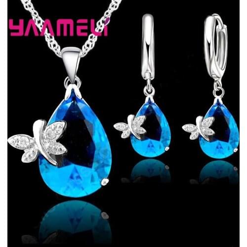 Jewelry Sets Real Pure 925 Sterling Silver Austrian Crystal Dragonfly Drop CZ Pendant Necklace LeverBack Hoop Earrings
