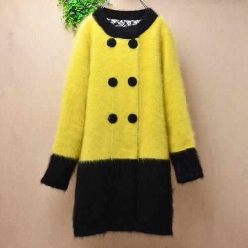 Female women fashion winter thick warm mink cashmere knitted long sleeves double buttons slim cardigans angora fur jacket coat