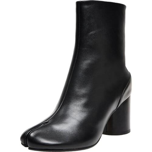 New Brand Design Ankle Boots Women Fashion Split Toe Leather Short Boots Chunky Round High Heels Tabi Shoes Women Botas Mujer