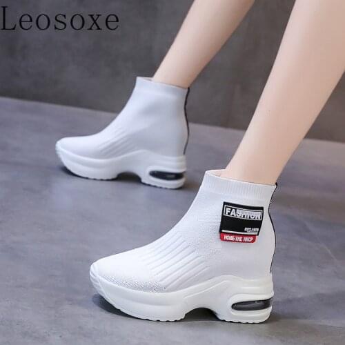 2020 Fashion High-top Knit Socks Shoes Woman Wild Increase In Thick Sole Feminino Sneakers Cross-tied Round Toe Botas