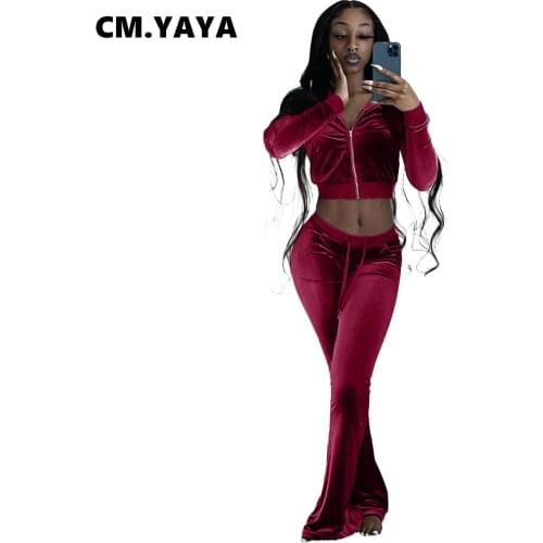 CM.YAYA Women Tracksuit Solid Velvet Full Sleeve Zip Stand Collar Crop Tops Stretchy Flare Pants Two 2 Piece Sets Autumn Outfits
