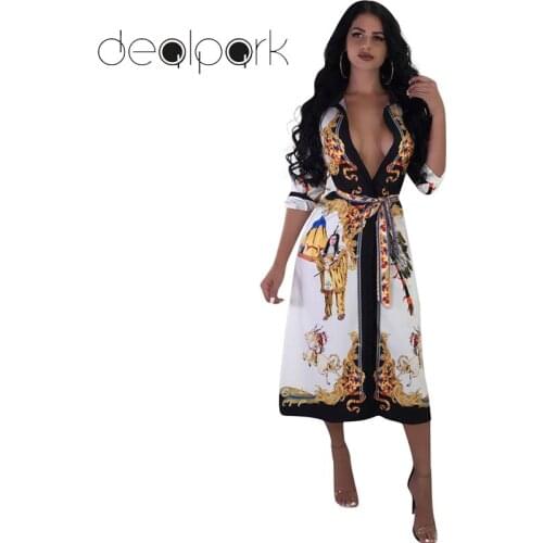 2020 Autumn Vintage Dress Women Midi Dress Ethnic Print Plunge V Neck Three Quarter Sleeve Waist Strap Slim Retro Dress White