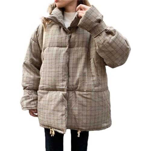 Winter Women Lattice Cotton Coat Temperament Korean Turtleneck Plaid Parka Jacket Loose Casual Short Padded Warm Coats Female
