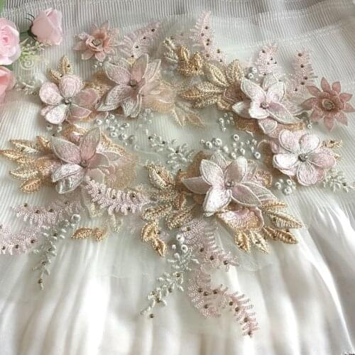 1Pcs 3D Flowers Beaded Mesh Embroidery Patch Wedding/Evening Dress Clothing Sew Patches Diy Floral Lace Fabrics Applique Decor
