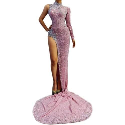 2020 Pink Rhinestones Long Tail Dress Wedding Birthday Celebrate Dress Evening Female Singer Dancer Single Sleeve Dresses