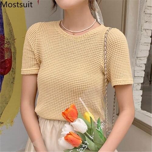 2021 Summer Knitted T Shirt Tops Women Short Sleeve O-neck Hollow Fashion Ladies Solid Basic Tees T-shirt Femme