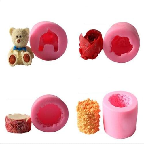 3D Bear Rose Flower Shape Silicone Candle Molds DIY Cylindrical Candle Making Mold Fondant Cake Decoration Tools Resin Crafts