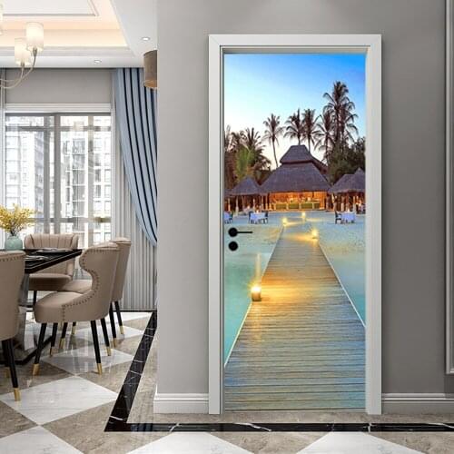 3D PVC Door Sticker Holiday Sea View Wooden Bridge Wallpaper For Living Room Bedroom Decor Adhesive Removable Wall Home Design