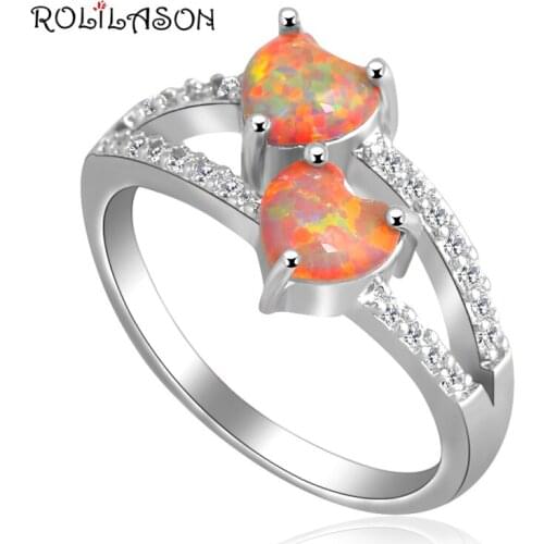 Two hearts design Shining Jewelry Orange Fire Opal silver color Stamped Rings for women USA #6#7#7.5#8.5#9 OR705