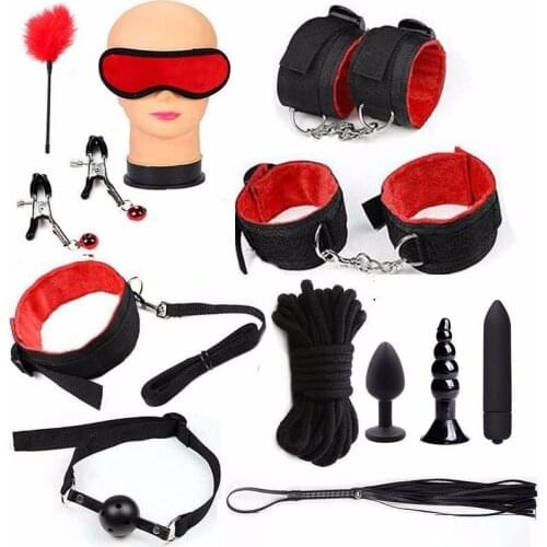 Erotic BDSM Sex Bondage Kits Sex Handcuffs Whip Gag Nipple Clamps Anal Plug Bullet Vibrator Sex Toys for Couples SM Bdsm Games