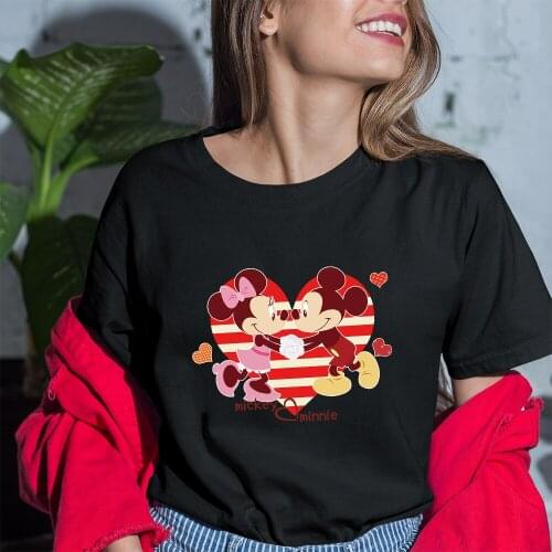 Disney Mickey And Minnie Mouse T-shirts Female Kawaii Top Dropship Cartoon Printing Harajuku Black White Tees Fashion Trend Cute