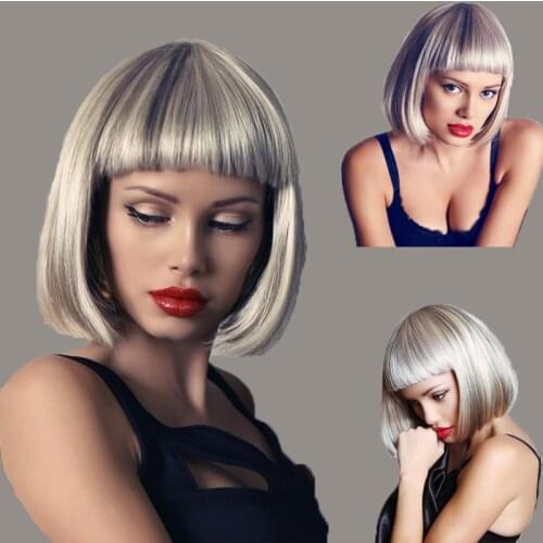 Short Straight Synthetic BOB Wigs For European American Women Silver Wig with Blunt Bang Synthetic Wigs For Party or Daily Life