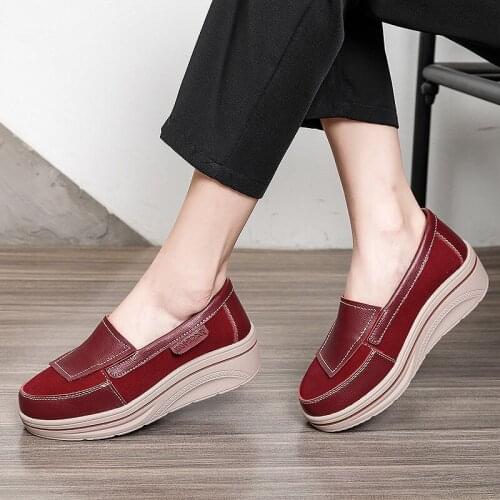 Platform Sneakers Women Genuine Cow Leather Flats Slip On Loafers Swing Shoes Shallow Ladies Casual Footwear Height Increasing
