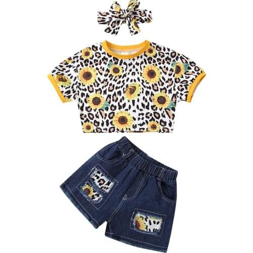 3Pc Baby Girl Summer Outfit Sunflower Leopard Print Short Sleeve Round Neck T-shirt Frayed Raw Hem Ripped Jeans Bowknot Headband