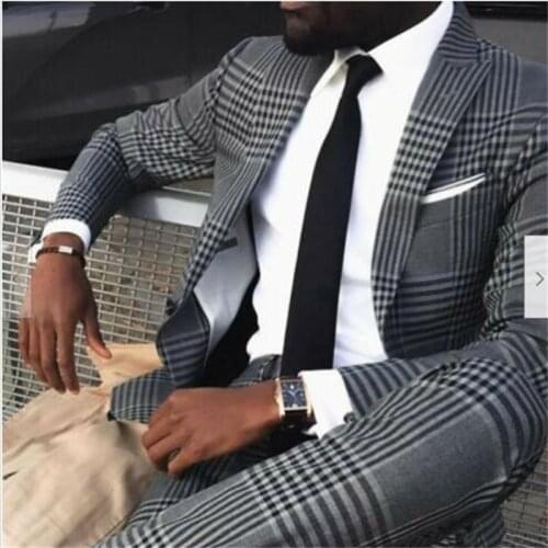 2 Piece Grey Mens Suits Vintage Plaid British Style Slim Notch Lapel Groom Party Tuxedo Wedding Tuxedos For Men Formal Prom Suit