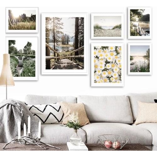 Bridge Lake Daisy Flower Mountain Sunrise Wall Art Canvas Painting Nordic Posters And Prints Wall Pictures For Living Room Decor