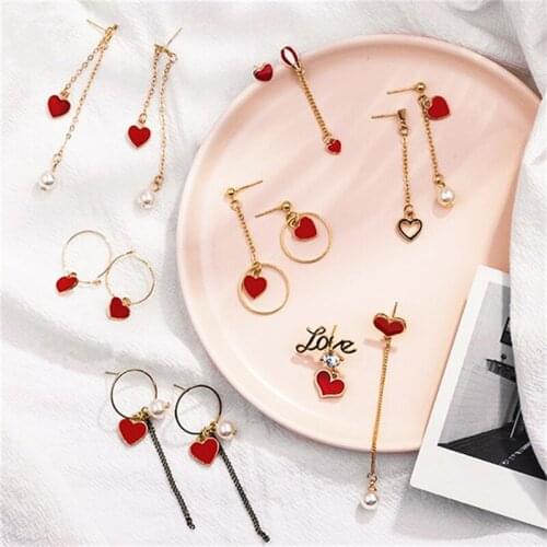 New Korean Red Love Heart Earrings For Girl Circle Simulated Pearl Tassel Earrings Asymmetric Earings Jewelry Christmas Gifts