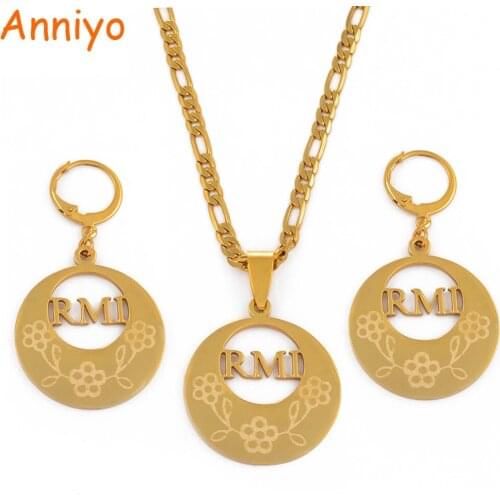 Anniyo RMI Pendant Necklaces and Earrings for Women Gold Color Stainless Steel Jewelry Gifts #046321