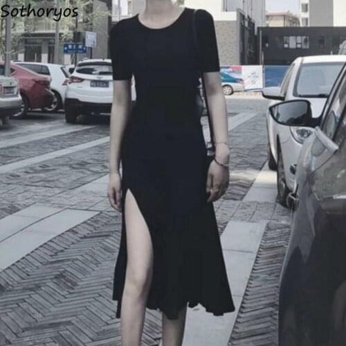 Dress Women Solid Short Sleeve O-neck Fashion Casual Slim Korean Style Chic A-line Side-slit Female Dresses Club Sexy Streetwear
