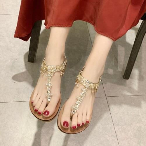 Clamp-toe sandals fairy wind flat bottom seaside vacation Bohemian net red clip foot Roman beach shoes water drill tide