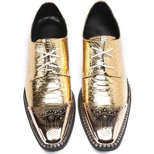 Zapatos Hombre Vestir Autumn Gold Italian Men Dress Luxury Gold Shoes For Men Square Toe Lace Up Brogue Shoes Flats Prom