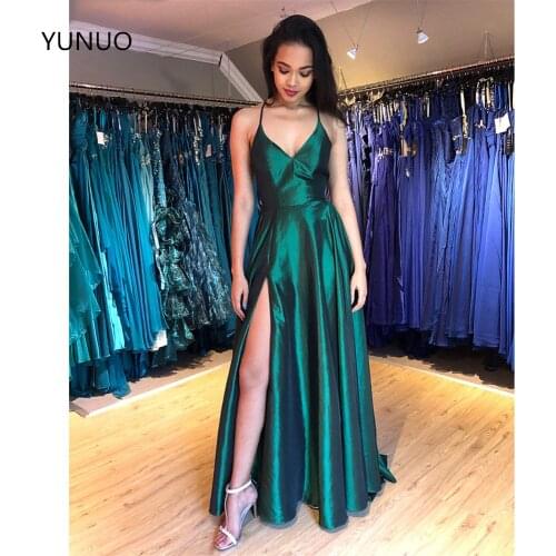 YUNUO Spaghetti Straps Evening Dresses Satin Evening Party Gowns Long Emerald Robe De Soiree With Slit Formal A-line Dresses