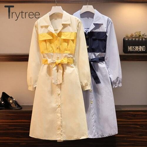 Trytree 2020 Spring Autumn Casual Turn-down Collar Dress Women Patchwork Single Breasted A-line Belt Fashion Knee-Length Dress