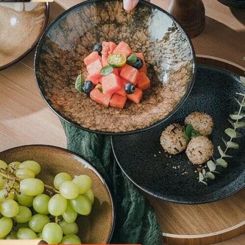 Japanese Ceramic Plate Creative Dish Plate Retro Household Round Dinner Plate Steak Pasta Plate Salad Fruit Plate Deep Plate