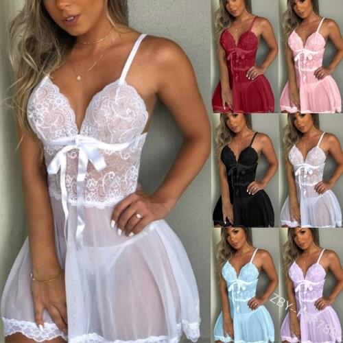 Plus size Sexy Pajamas Female Autumn Winter Lace Mesh Hollow Lace Up Suspender Nightdress V-Neck Lace mesh Nightdress pajamas