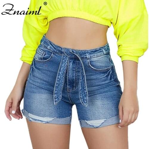 Znaiml Womens Denim Shorts Classic Vintage High Waist Bandage Blue Slim Casual Sweet 2021 Summer Ladies Shorts Jeans For Female