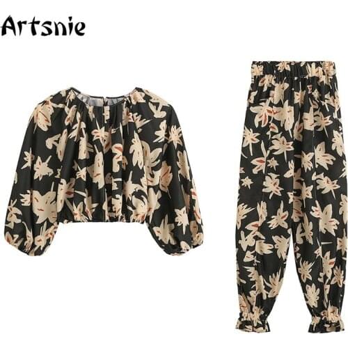 Artsnie Boho Floral Print Two Piece Set Women Summer 2021 Blouse High Waist Pants Suits Tracksuits Black Two Piece Set Outfits