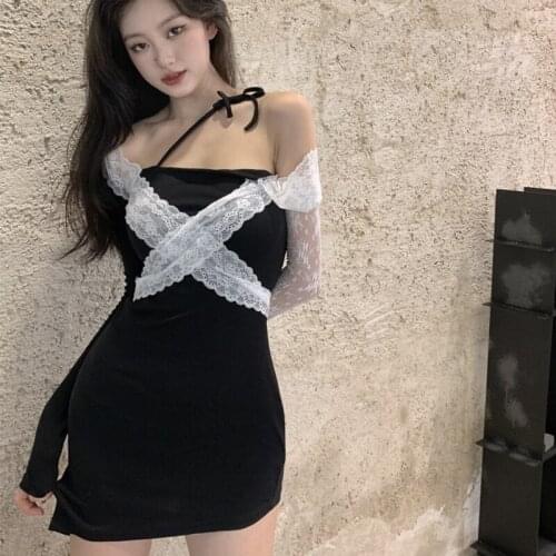 Sexy Dresses for Women Lace Hollow Out Off Shoulder Square Collar Autumn Long Sleeve Bodycon Dress Black Korean Fashion