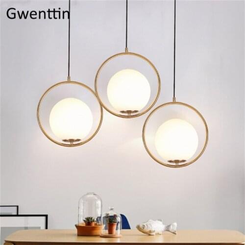 Gold Round Ring Glass Lampshade Pendant Light Bedroom Decor Dining Room Lights Nordic INS Home Hanging Lamp LED Lighting Fixture