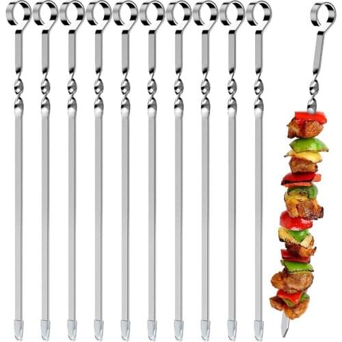 10pcs BBQ Skewers Reusable Stainless Steel Barbecue Sticks Flat Cooking Grill Skewers Home Camping Kitchen Tools