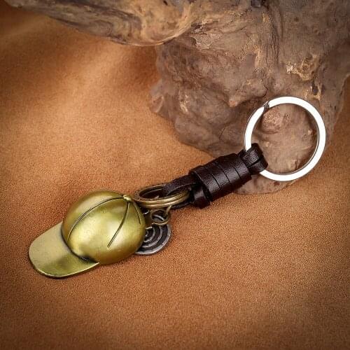 10Pcs/Lot Vintage Copper Alloy Baseball Hat Genuine Leather Men Women Keychain Punk Hand Made Key Chain Car Keyring