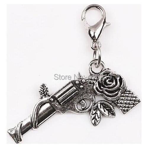 20pcs/lot Tibetan Silver Rose Flower Gun Pendant Charms with Lobster Clasp For Glass Floating Memory Locket