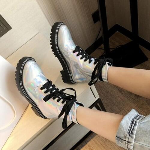 2020 Winter Shoes Women Boots Lace Up Platform Motorcyle Boots Zip booties Silver Ankle Boots Female botines mujer LJB257