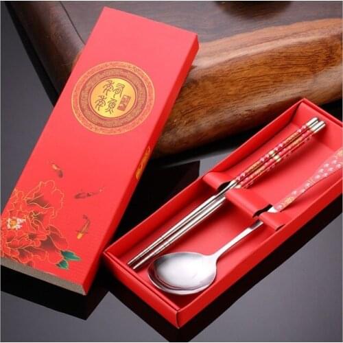 300sets 5 colors creative practical dinnerware set stainless steel spoon chopsticks with gift box wedding favors