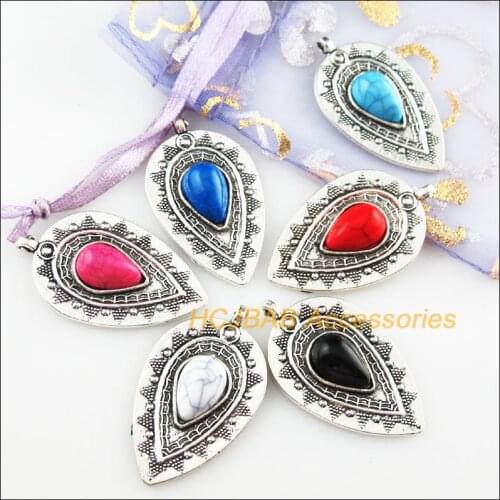 6Pcs Tibetan Silver Color Teardrop Mixed Stone Charms Pendant 20.5x35m