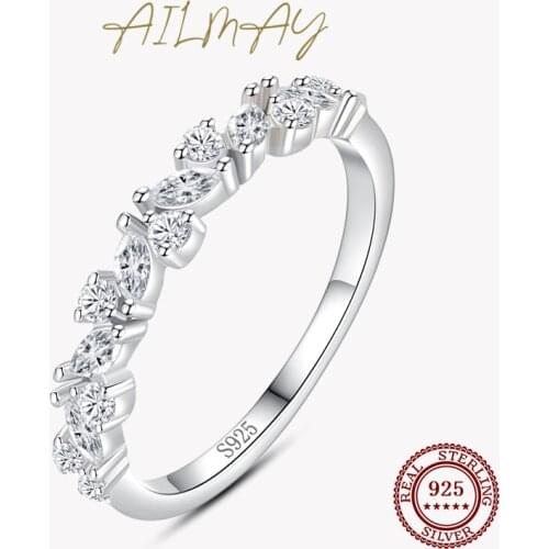 Ailmay Genuine CZ 925 Sterling Silver Shiny Zirconia Finger Ring Geometric Design For Women Girls Party Accessories Jewelry