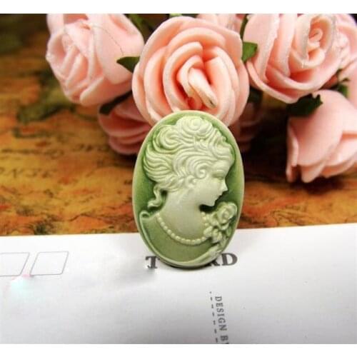 Free ship!!! 100pcs/lot Vintage Green color resin Cameos Lady Portrait Cabochons Cameos 18*25mm