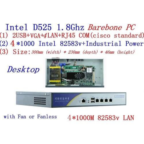Atom D525 firewall server dual core 1.8GHz Desktop mode 4*Intel 82538V 1000M network support pfSense, WayOS Barebone PC