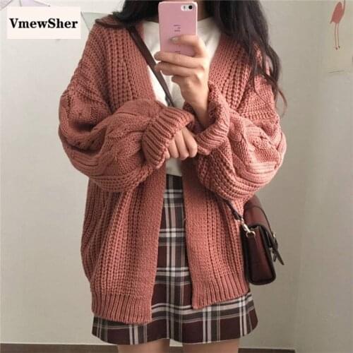 VmewSher New Autumn Spring Women Cardigan Solid Knitwear Loose V-neck Elegant Knitted Top Open Stitch Oversize Sweater Coat 2020