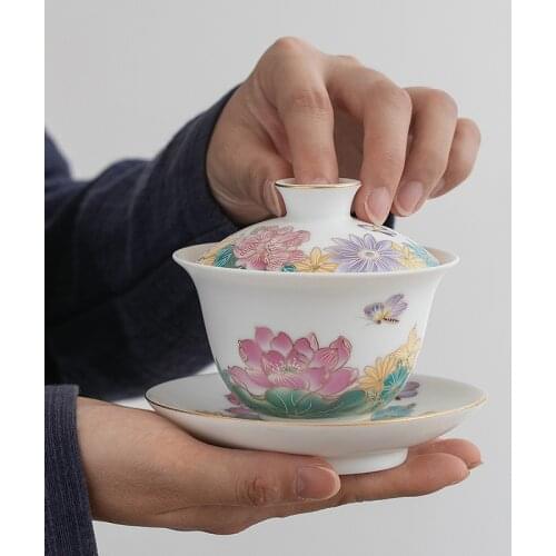 Ceramic Whiteware Cover Bowl Blue Pattern Cover Bowl Single Large Jingdezhen Thin Tire Kung Fu Tea Set Tea Bowl Gaiwan Ceramic