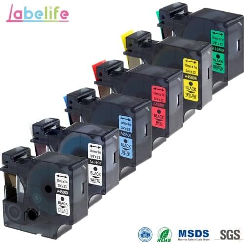 Labelife 6 Pack 19mm Combo Set 45800 45803 45806 458017 45808 45809 Compatible DYMO D1 Label Tape for Label Maker Label Printer